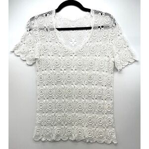 Womens Crochet Lace Top Ivory Floral Short Sleeve Boho Cottagecore Sz S/M